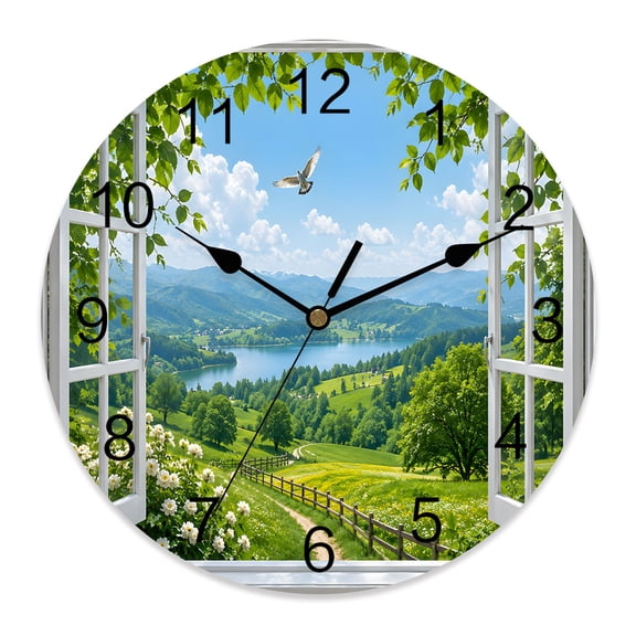 Wall Clock Green Pasture Flying Bird Clocks PVC Silent Non-Ticking Battery Operated Decorative Scenery Window View Round Clock for Home Living Room Kitchen Bedroom Office School Wall Decor 10 Inch