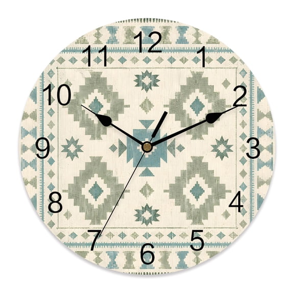 Wall Clock Green Southwestern Aztec Arrows Clocks PVC Silent Non-Ticking Battery Operated Decorative Bohemian Tribal Round Clock for Home Living Room Kitchen Bedroom Office School Wall Decor 10 Inch