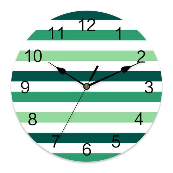 Wall Clock Green Stripes Clocks PVC Silent Non-Ticking Battery Operated Decorative White Classic Striped Round Clock for Home Living Room Kitchen Bedroom Office School Wall Decor 10 Inch