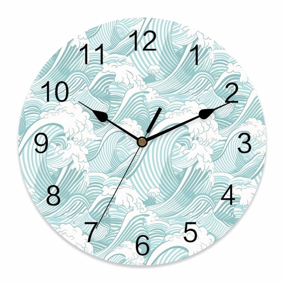 Wall Clock Green Waves Clocks PVC Silent Non-Ticking Battery Operated Decorative Ocean Lines Stripes Round Clock for Home Living Room Kitchen Bedroom Office School Wall Decor 10 Inch