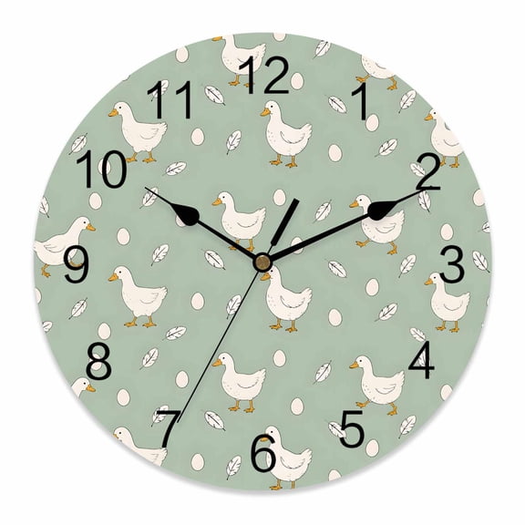 Wall Clock Green White Goose Clocks PVC Silent Non-Ticking Battery Operated Decorative Small Eggs Floating Feathers Round Clock for Home Living Room Kitchen Bedroom Office School Wall Decor 10 Inch