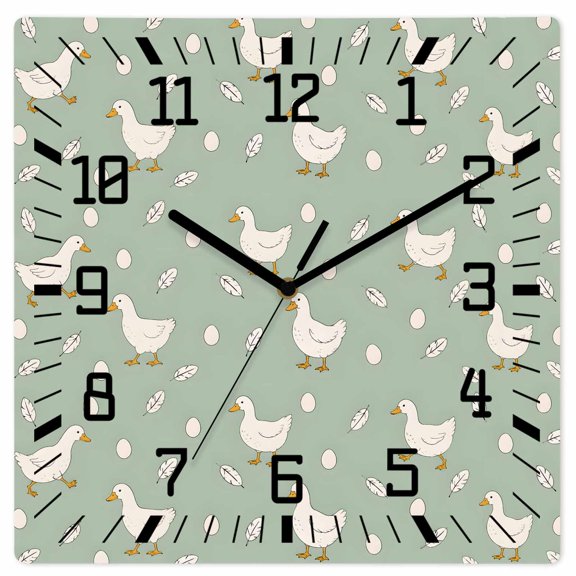 Wall Clock Green White Goose Operated Square Clocks Wooden Silent Non-Ticking Wallclock 10 Inch Small Eggs Floating Feathers Wood Wall Clock for Living Room Bedroom Office Shool Home Decor