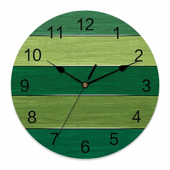 Wall Clock Green Wood Grain Clocks PVC Silent Non-Ticking Battery Operated Decorative Farm Barn Wooden Stripes Round Clock for Home Living Room Kitchen Bedroom Office School Wall Decor 10 Inch