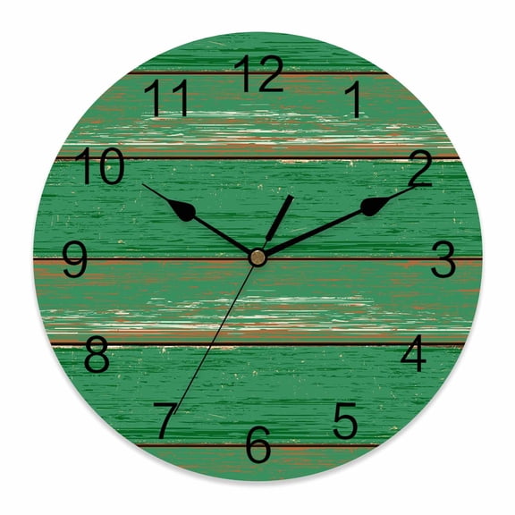 Wall Clock Green Wood Grain Clocks PVC Silent Non-Ticking Battery Operated Decorative Rustic Vintage Wooden Round Clock for Home Living Room Kitchen Bedroom Office School Wall Decor 10 Inch