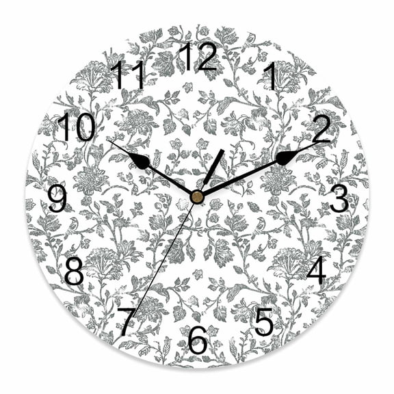 Wall Clock Grey Blue Pastoral Flower Clocks PVC Silent Non-Ticking Battery Operated Decorative Farmhouse Round Clock for Home Living Room Kitchen Bedroom Office School Wall Decor 10 Inch