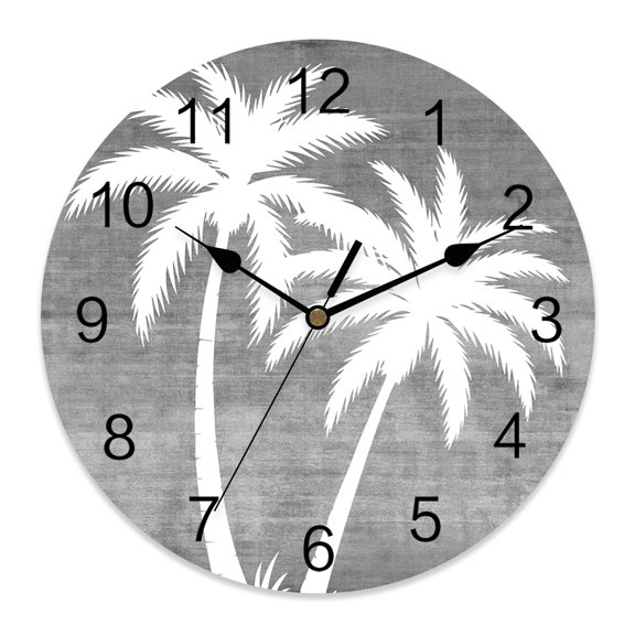 Wall Clock Grey Tropical Palm Trees Clocks PVC Silent Non-Ticking Battery Operated Decorative Linen Grain Round Clock for Home Living Room Kitchen Bedroom Office School Wall Decor 14 Inch