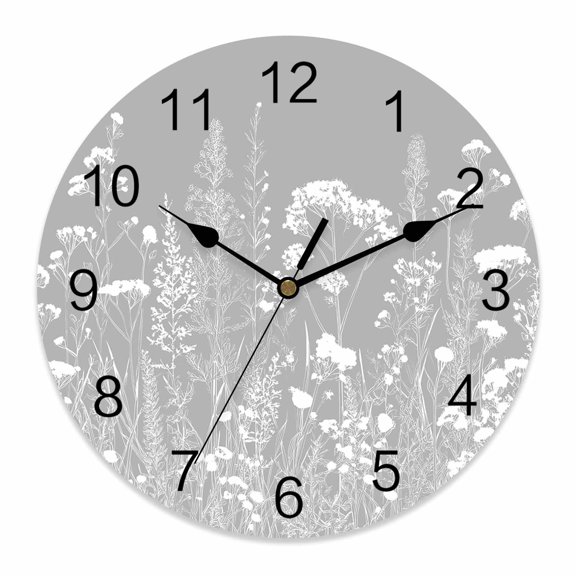 Wall Clock Grey Wildflower Clocks PVC Silent Non-Ticking Battery Operated Botanical Farmhouse Field Floral Round Clock for Home Living Room Kitchen Bedroom Office School Wall Decor 10 Inch