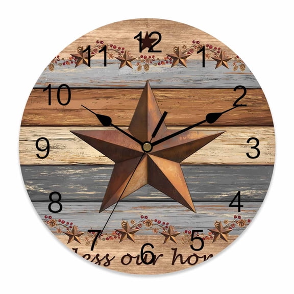 Wall Clock Grey Wood Grain Clocks PVC Silent Non-Ticking Battery Operated Decorative Farmhouses Barn Star Berry Round Clock for Home Living Room Kitchen Bedroom Office School Wall Decor 10 Inch