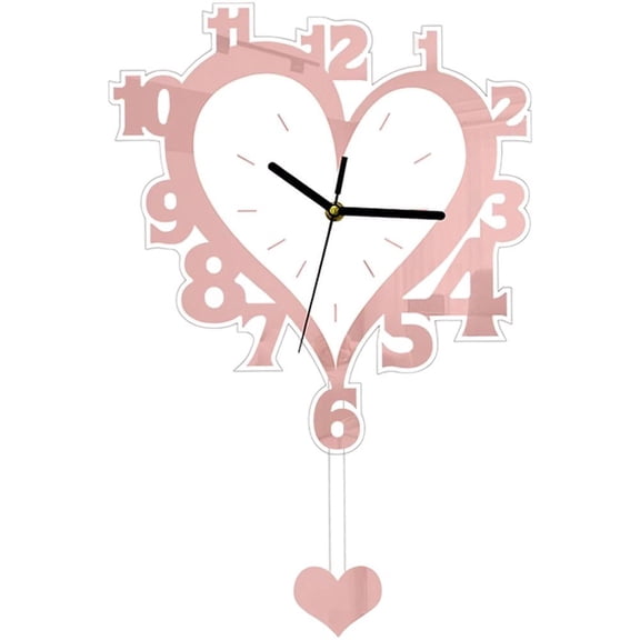 Wall Clock Hanging Acrylic Timepiece in Heart Shape with Pendulum for Home Decoration, Rose Gold