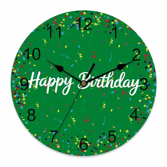 Wall Clock Happy Birthday Clocks PVC Silent Non-Ticking Battery Operated Decorative Polka Dot Ribbon Celebration Green Round Clock for Home Living Room Kitchen Bedroom Office Wall Decor 10 Inch