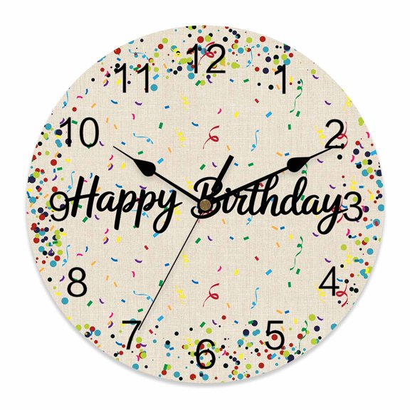 Wall Clock Happy Birthday Clocks PVC Silent Non-Ticking Battery Operated Decorative Polka Dot Ribbon Celebration Linen Round Clock for Home Living Room Kitchen Bedroom Office Wall Decor 10 Inch