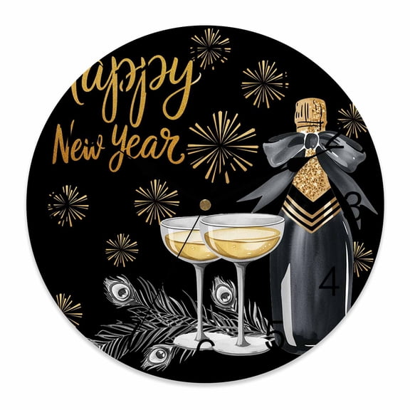 Wall Clock Happy New Year Clocks PVC Silent Non-Ticking Battery Operated Decorative Champagne Cup Gold Fireworks Round Clock for Home Living Room Kitchen Bedroom Office School Wall Decor 10 Inch