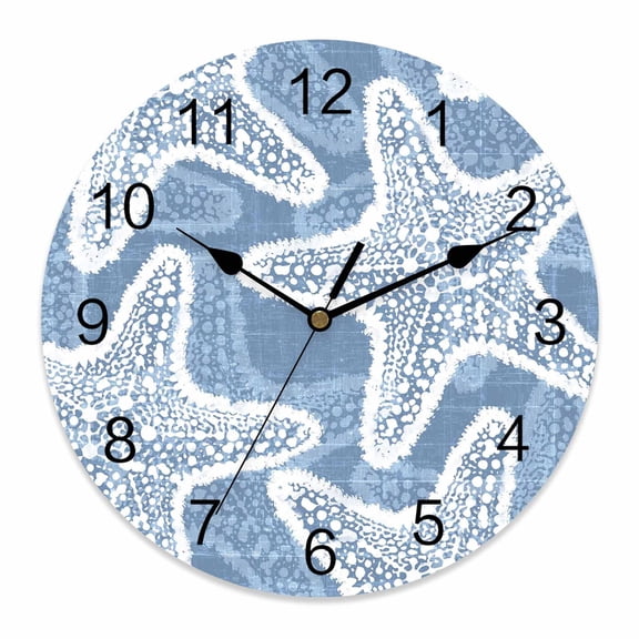 Wall Clock Haze Blue Coastal Starfish Clocks PVC Silent Non-Ticking Battery Operated Decorative Ocean Marine Life Round Clock for Home Living Room Kitchen Bedroom Office School Wall Decor 10 Inch