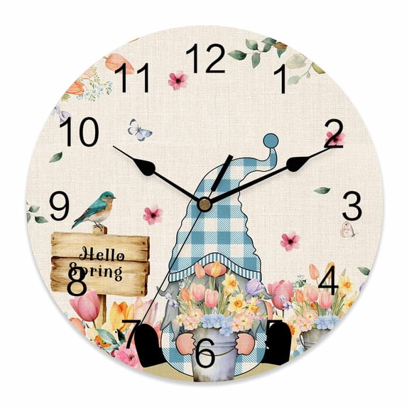 Wall Clock Hello Spring Gnome Clocks PVC Silent Non-Ticking Battery Operated Decorative Tulip Floral Bird Butterfly Round Clock for Home Living Room Kitchen Bedroom Office School Wall Decor 10 Inch