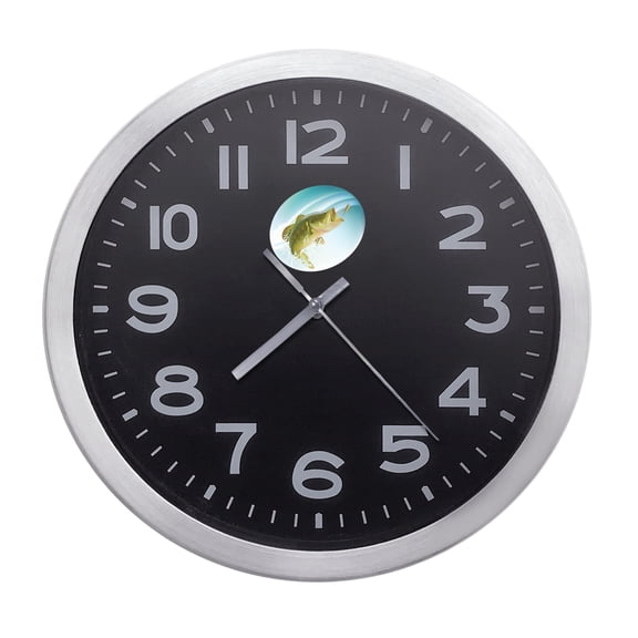 Wall Clock Home Decor or for a Patio/RV/Game Room 10" Round Silver Edge with a Black Face Featuring Your Choice of an Animal Themed Vinyl Decal - FREE Battery Included (Bass)