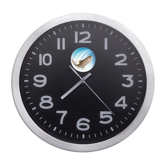Wall Clock Home Decor or for a Patio/RV/Game Room 10" Round Silver Edge with a Black Face Featuring Your Choice of an Animal Themed Vinyl Decal - FREE Battery Included (Trout)