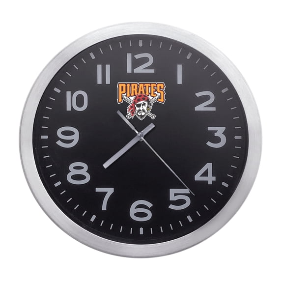 Wall Clock Home Decor or for a Patio/RV/Game Room 10" Round Silver Edge with a Black Face Featuring Your Choice of a Baseball Team Logo Vinyl Decal - FREE Battery Included (Pirates)