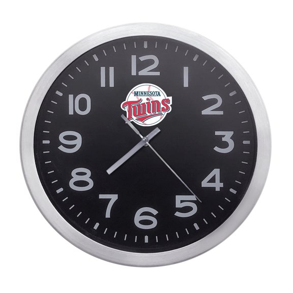 Wall Clock Home Decor or for a Patio/RV/Game Room 10" Round Silver Edge with a Black Face Featuring Your Choice of a Baseball Team Logo Vinyl Decal - FREE Battery Included (Twins)