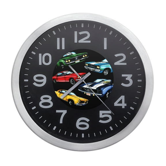 Wall Clock Home Decor or for a Patio/RV/Game Room 10" Round Silver Edge with a Black Face Featuring Your Choice of a Car, Train, or Truck Themed Vinyl Decal - FREE Battery Included (Muscle Cars Power)
