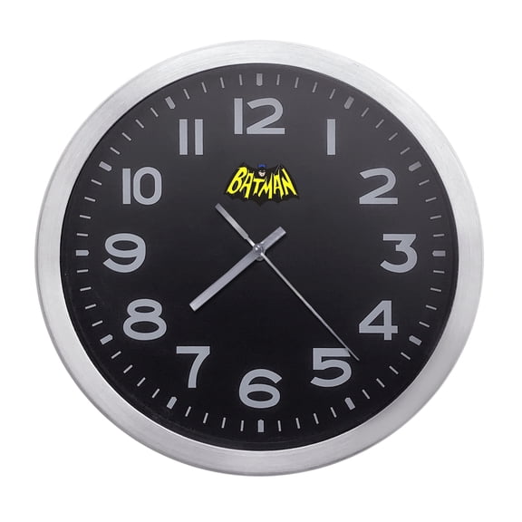 Wall Clock Home Decor or for a Patio/RV/Game Room 10" Round Silver Edge with a Black Face Featuring Your Choice of a Comic Superhero Themed Vinyl Decal - FREE Battery Included (Batman Retro)
