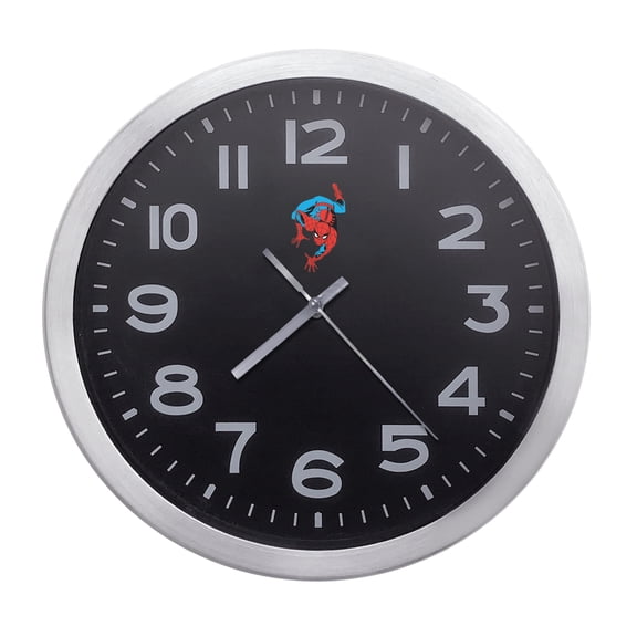 Wall Clock Home Decor or for a Patio/RV/Game Room 10" Round Silver Edge with a Black Face Featuring Your Choice of a Comic Superhero Themed Vinyl Decal - FREE Battery Included (Spiderman)