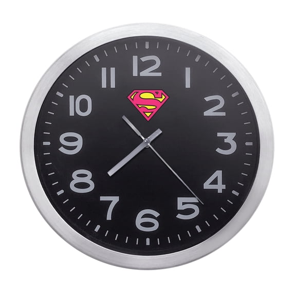 Wall Clock Home Decor or for a Patio/RV/Game Room 10" Round Silver Edge with a Black Face Featuring Your Choice of a Comic Superhero Themed Vinyl Decal - FREE Battery Included (Super Girl)