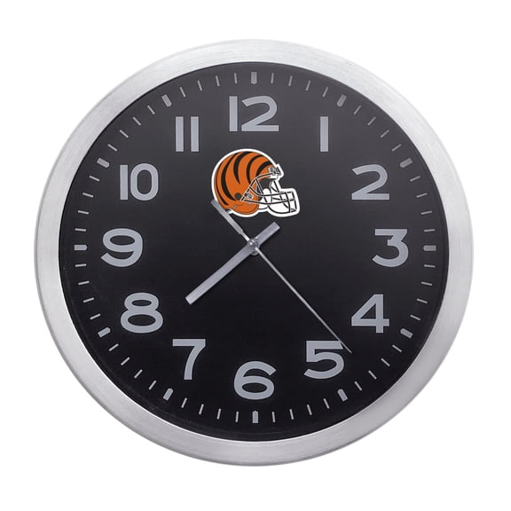 Wall Clock Home Decor or for a Patio/RV/Game Room 10" Round Silver Edge with a Black Face Featuring Your Choice of a Football Team Logo Vinyl Decal - FREE Battery Included (Bengals Helmet)