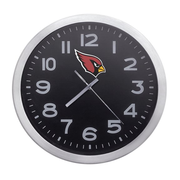 Wall Clock Home Decor or for a Patio/RV/Game Room 10" Round Silver Edge with a Black Face Featuring Your Choice of a Football Team Logo Vinyl Decal - FREE Battery Included (Cardinals)