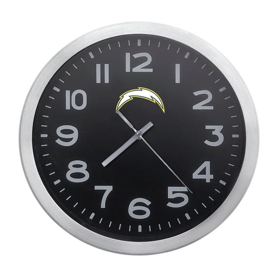 Wall Clock Home Decor or for a Patio/RV/Game Room 10" Round Silver Edge with a Black Face Featuring Your Choice of a Football Team Logo Vinyl Decal - FREE Battery Included (Chargers White)