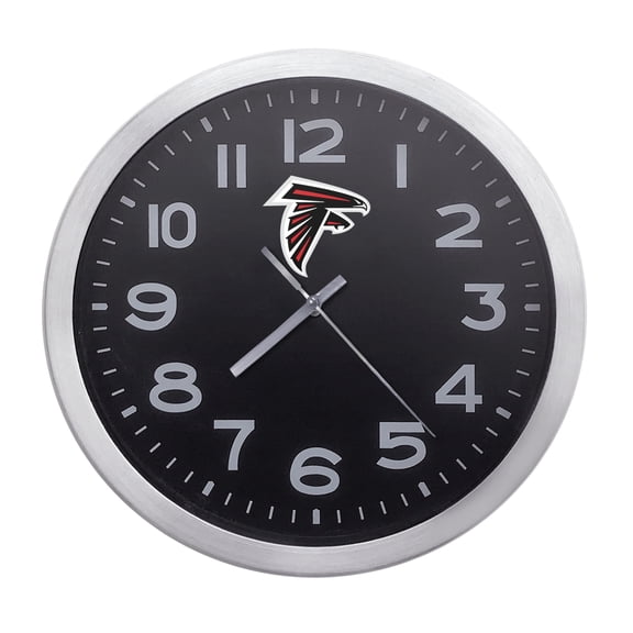 Wall Clock Home Decor or for a Patio/RV/Game Room 10" Round Silver Edge with a Black Face Featuring Your Choice of a Football Team Logo Vinyl Decal - FREE Battery Included (Falcons)