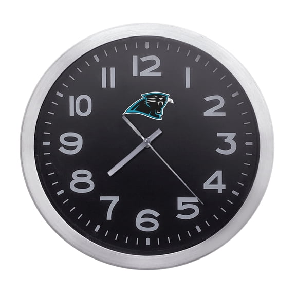 Wall Clock Home Decor or for a Patio/RV/Game Room 10" Round Silver Edge with a Black Face Featuring Your Choice of a Football Team Logo Vinyl Decal - FREE Battery Included (Panthers)
