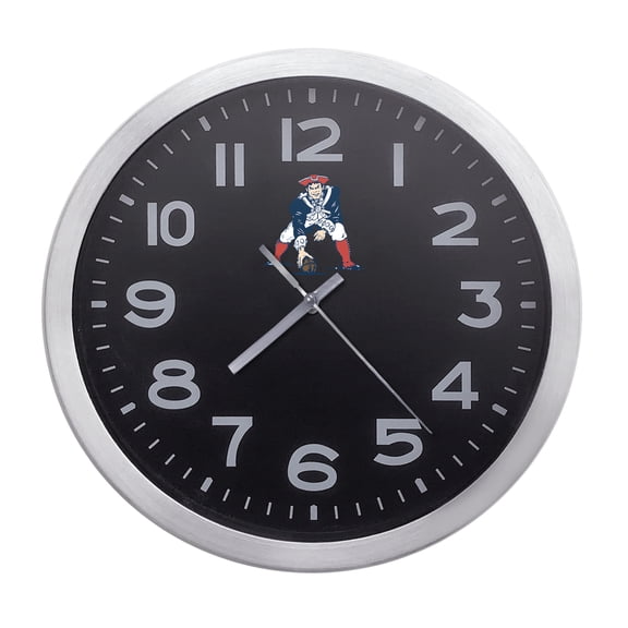 Wall Clock Home Decor or for a Patio/RV/Game Room 10" Round Silver Edge with a Black Face Featuring Your Choice of a Football Team Logo Vinyl Decal - FREE Battery Included (Patriots Guard)