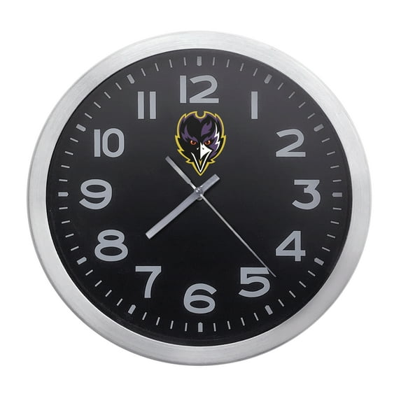 Wall Clock Home Decor or for a Patio/RV/Game Room 10" Round Silver Edge with a Black Face Featuring Your Choice of a Football Team Logo Vinyl Decal - FREE Battery Included (Ravens Face)