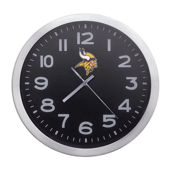Wall Clock Home Decor or for a Patio/RV/Game Room 10" Round Silver Edge with a Black Face Featuring Your Choice of a Football Team Logo Vinyl Decal - FREE Battery Included (Vikings)