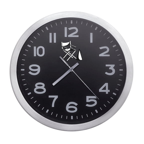 Wall Clock Home Decor or for a Patio/RV/Game Room 10" Round Silver Edge with a Black Face Featuring Your Choice of a Game Room Themed Vinyl Decal - FREE Battery Included (Directors Chair)