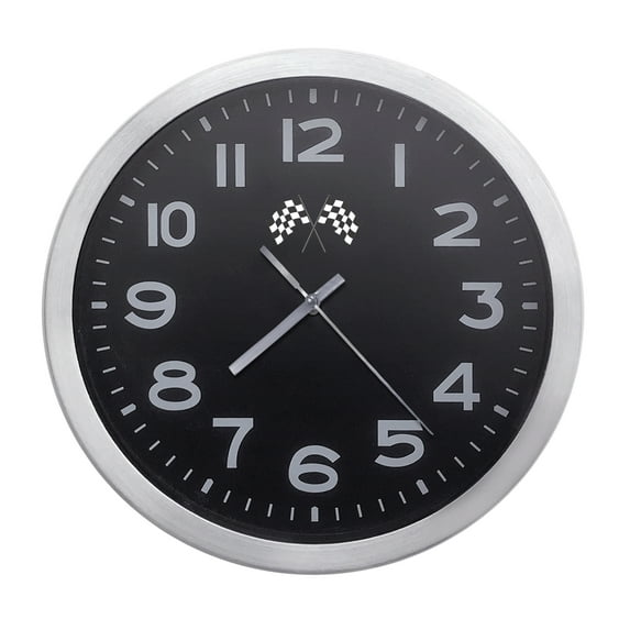 Wall Clock Home Decor or for a Patio/RV/Game Room 10" Round Silver Edge with a Black Face Featuring Your Choice of a Sports Theme Team Logo Vinyl Decal - FREE Battery Included (Checkered Flags)