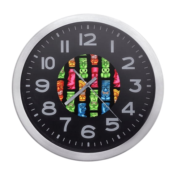 Wall Clock Home Decor or for a Patio/RV/Game Room 10" Round Silver Edge with a Black Face Featuring Your Choice of a Tiki or Tropical Themed Vinyl Decal - FREE Battery Included (Large Tikis on Black)