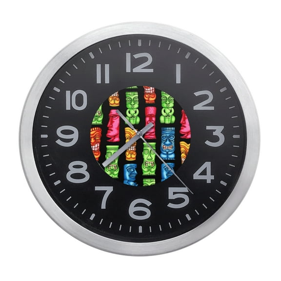Wall Clock Home Decor or for a Patio/RV/Game Room 10" Round Silver Edge with a Black Face Featuring Your Choice of a Tiki or Tropical Themed Vinyl Decal - FREE Battery Included (Large Tikis on Black)