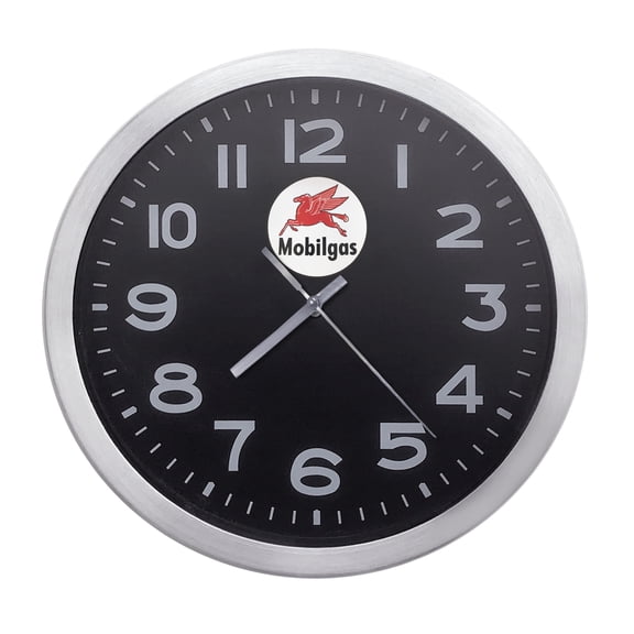 Wall Clock Home Decor or for a Patio/RV/Game Room 10" Round Silver Edge with a Black Face Featuring Your Choice of a Vintage Gas Novelty Theme Vinyl Decal - FREE Battery Included (Mobil Gas)