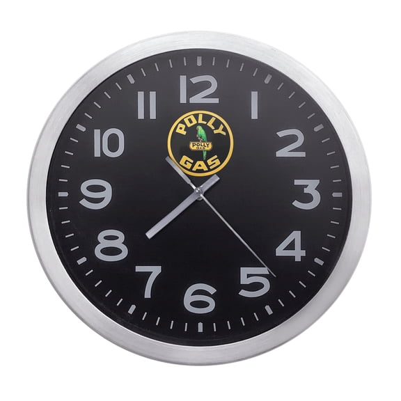 Wall Clock Home Decor or for a Patio/RV/Game Room 10" Round Silver Edge with a Black Face Featuring Your Choice of a Vintage Gas Novelty Theme Vinyl Decal - FREE Battery Included (Polly Gas)