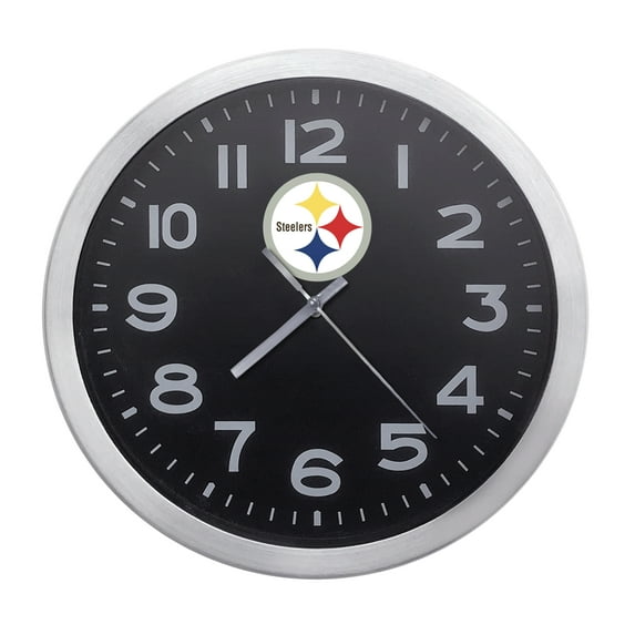Wall Clock Home Decor or for a Patio/RV/Game Room 10" Round Silver Edge with a Black Face Featuring Your Choice of a Football Team Logo Vinyl Decal - FREE Battery Included (Steelers White)