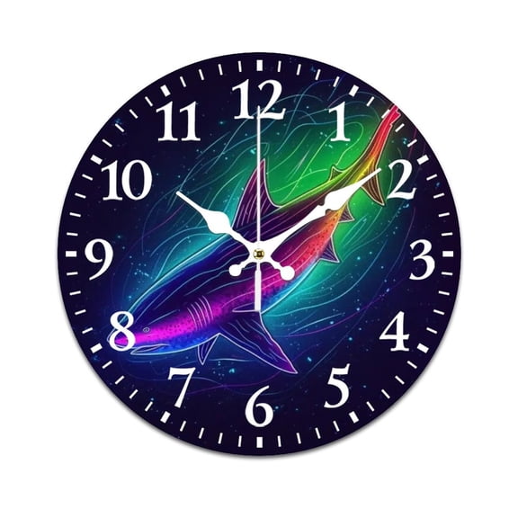 Wall Clock for Home Decoration, Northern Lights Shark Funny Pattern Retro Mute Non-Ticking Classic Wall Clock Battery Powered Suitable for Home, Living Room, Kitchen, Office Decorations