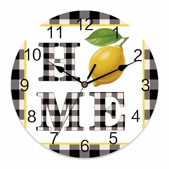 Wall Clock Home Lemon Clocks PVC Silent Non-Ticking Battery Operated Decorative Summer Fruit Black Buffalo Plaid Round Clock for Home Living Room Kitchen Bedroom Office School Wall Decor 10 Inch
