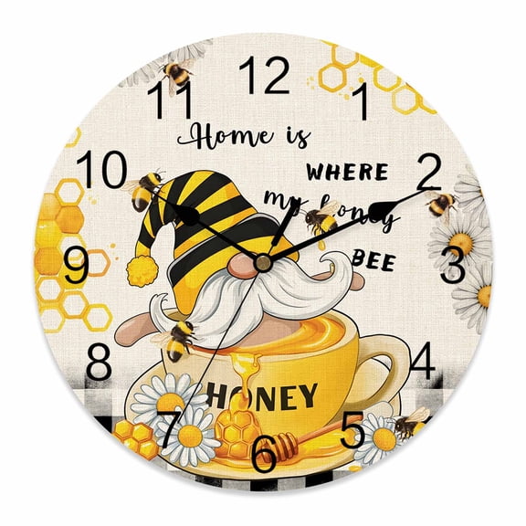 Wall Clock Honey Bee Gnome Clocks PVC Silent Non-Ticking Battery Operated Decorative Black Buffalo Plaid Daisy Round Clock for Home Living Room Kitchen Bedroom Office School Wall Decor 10 Inch