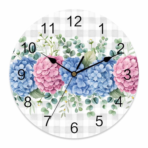 Wall Clock Hydrangea Flower Clocks PVC Silent Non-Ticking Battery Operated Decorative Eucalyptus Leaf Grey Plaid Round Clock for Home Living Room Kitchen Bedroom Office School Wall Decor 10 Inch