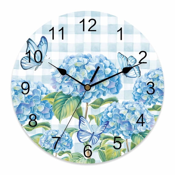 Wall Clock Hydrangea Flower Clocks PVC Silent Non-Ticking Battery Operated Decorative Summer Blue Butterfly Buffalo Plaid Round Clock for Home Living Room Kitchen Bedroom Office Wall Decor 10 Inch