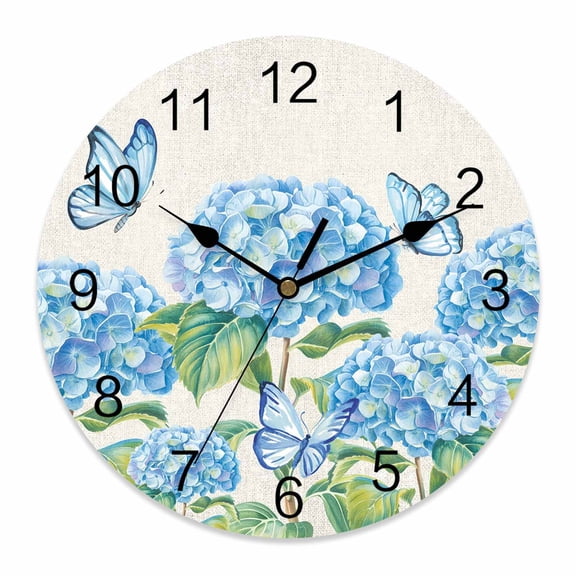 Wall Clock Hydrangea Flower Clocks PVC Silent Non-Ticking Battery Operated Decorative Summer Blue Butterfly Linen Round Clock for Home Living Room Kitchen Bedroom Office School Wall Decor 10 Inch