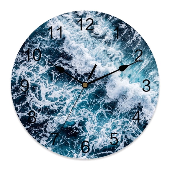Wall Clock Indigo Ocean Waves Clocks PVC Silent Non-Ticking Battery Operated Decorative Water Rolling Swells Round Clock for Home Living Room Kitchen Bedroom Office School Wall Decor 10 Inch