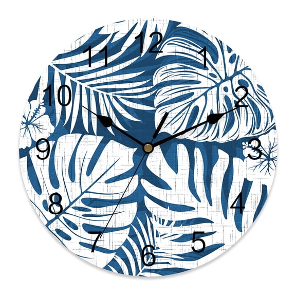 Wall Clock Indigo Palm Leaves Clocks PVC Silent Non-Ticking Battery Operated Decorative Jungle Leaf Monstera Plant Round Clock for Home Living Room Kitchen Bedroom Office School Wall Decor 10 Inch