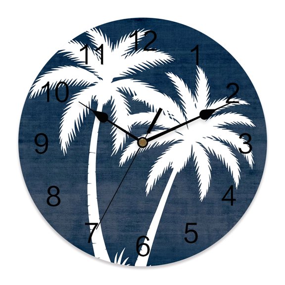 Wall Clock Indigo Tropical Palm Trees Clocks PVC Silent Non-Ticking Battery Operated Decorative Linen Grain Round Clock for Home Living Room Kitchen Bedroom Office School Wall Decor 10 Inch